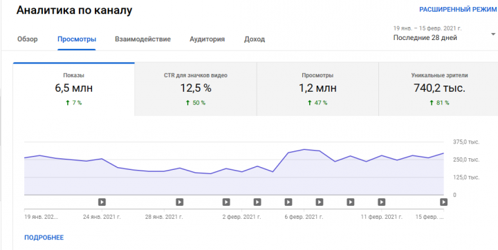Результат работы на YouTube канала-партнера за последний месяц