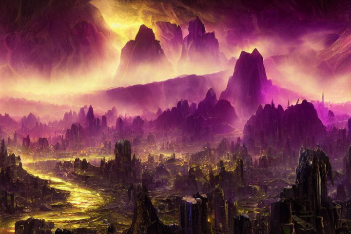 [AI GENERATED] An alien city surrounded by black chaos