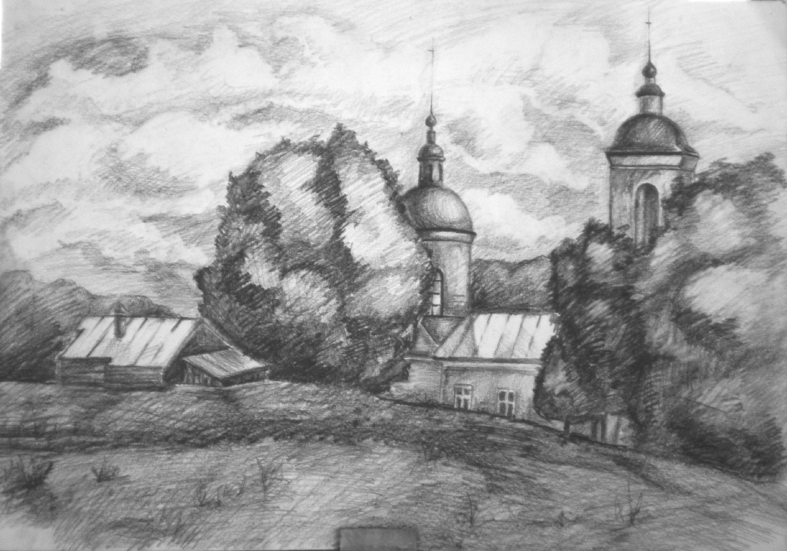 Пейзаж карандашом для срисовки Церковь