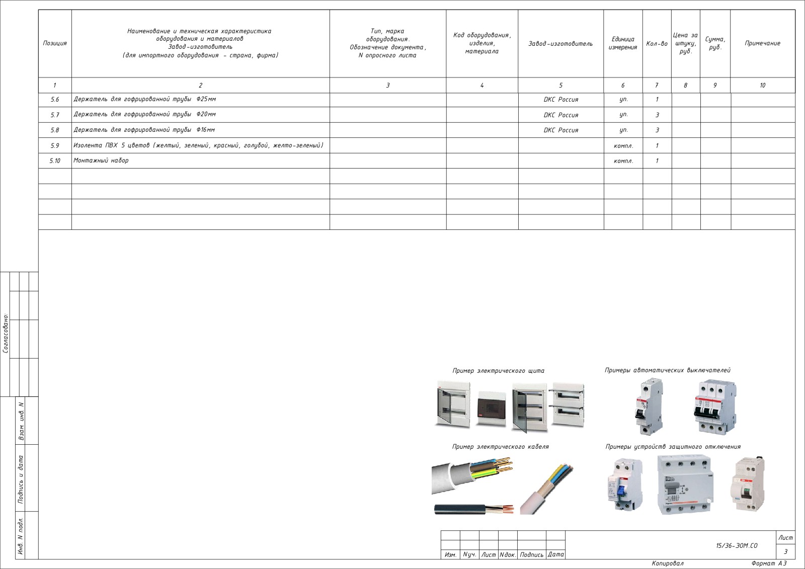 Спецификация оборудования электроснабжения