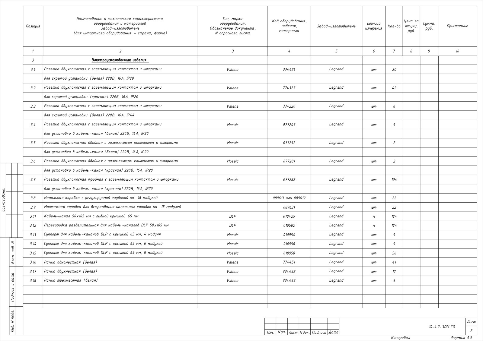 Спецификация на монтажные работы образец