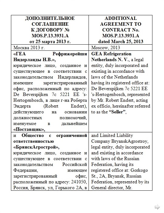 Образец внешнеторгового контракта на двух языках