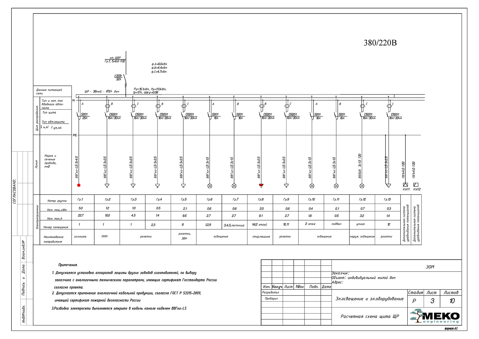 ЭОМ. Загородный дом. Расчетная схема щита ЩР - Фрилансер MEKO Engineering  MEKOEngineering - Портфолио - Работа #2191895