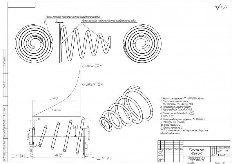 Коническая пружина чертеж