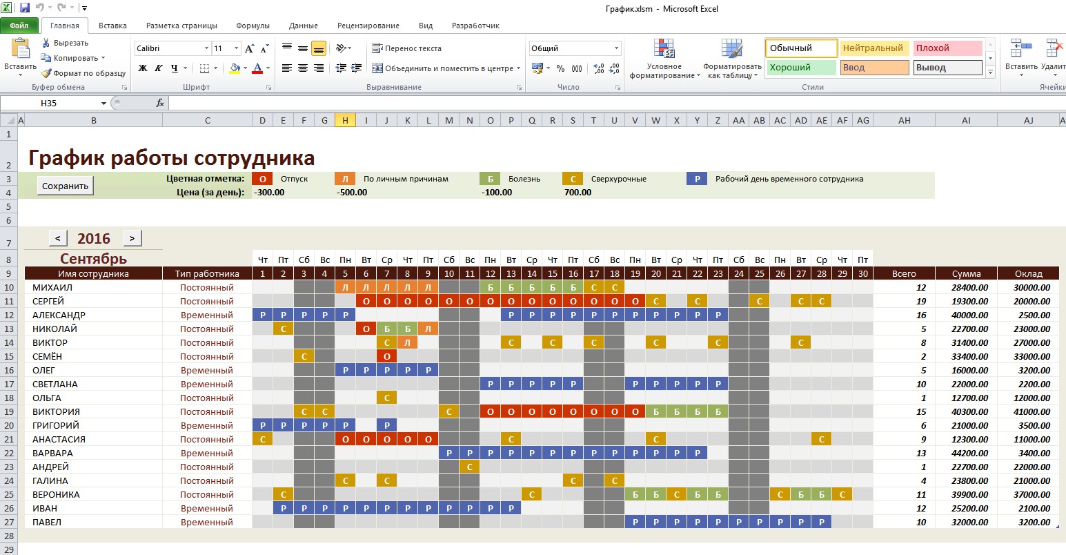 График работы образец excel