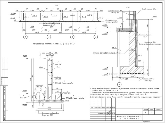 Армирование подпорных стен чертеж